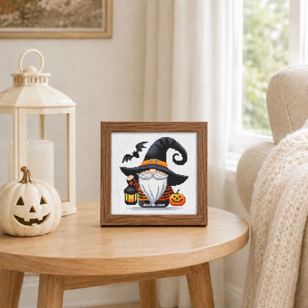 Small framed Pumpkin Lantern Gnome stitched on white Aida in a bright themed interior; complete original motif and 4stitch.com watermark.
