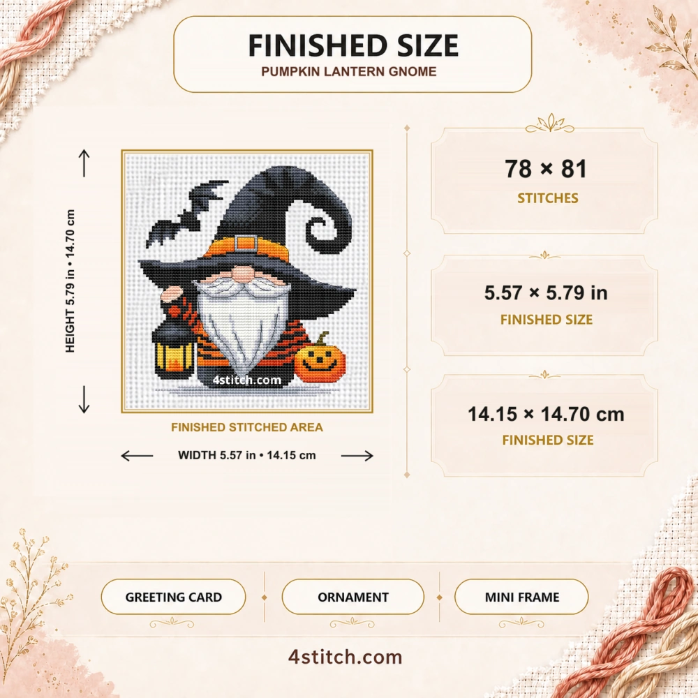 Finished size of Pumpkin Lantern Gnome Cross Stitch Pattern: 78 × 81 stitches, 5.57 × 5.79 in (14.15 × 14.70 cm) on 14-count Aida.