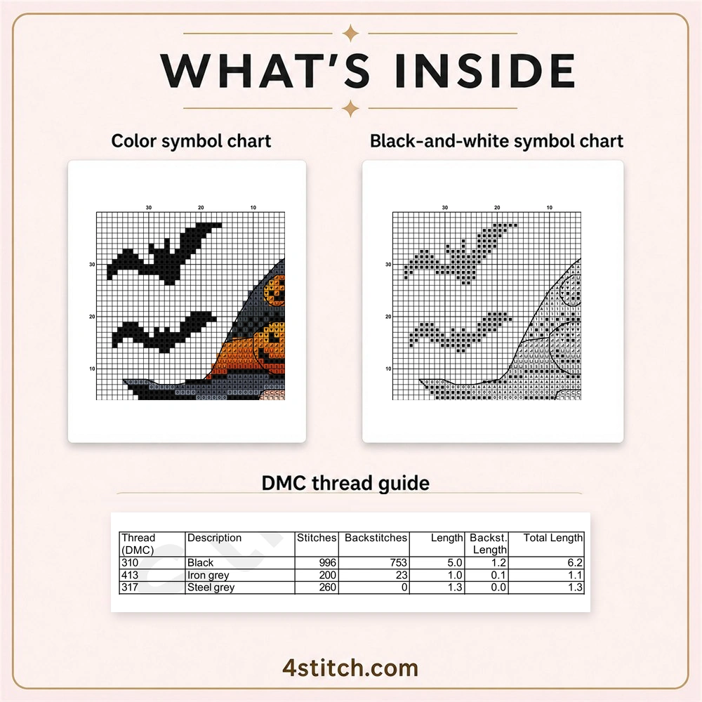 Partial color and black-and-white charts and first three DMC thread rows for Flying Broom Witch Gnome Cross Stitch Pattern.