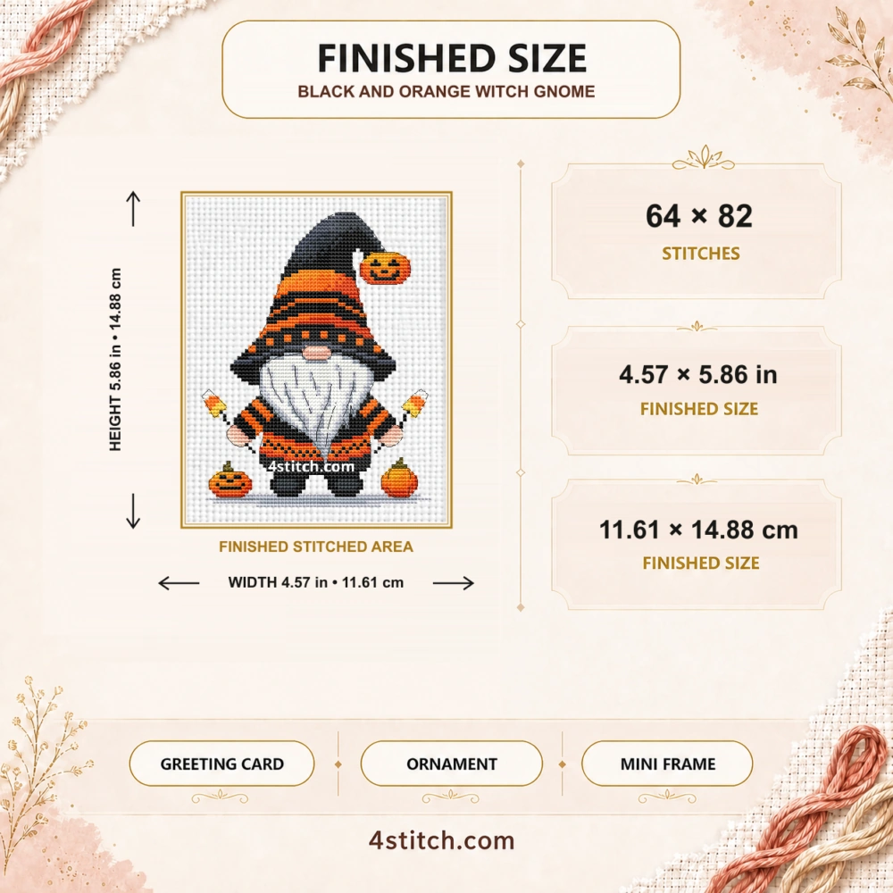 Finished size of Black and Orange Witch Gnome Cross Stitch Pattern: 64 × 82 stitches, 4.57 × 5.86 in (11.61 × 14.88 cm) on 14-count Aida.