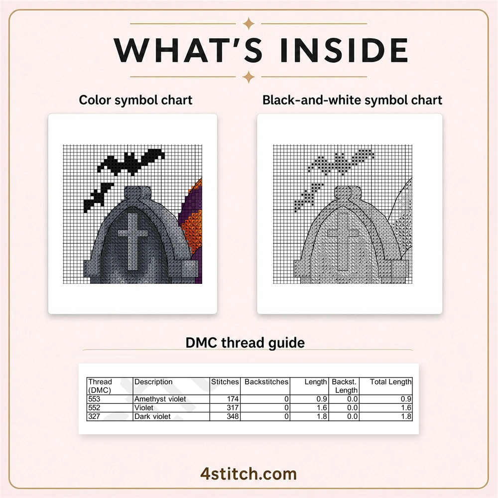 Partial color and black-and-white charts with the first three DMC thread rows for Sleepy Tombstone Halloween Gnome Cross Stitch Pattern.