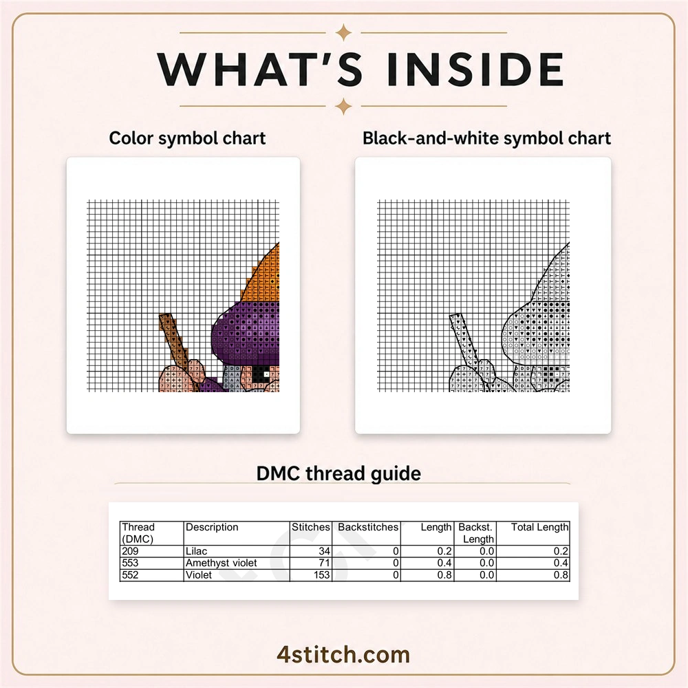 Partial color and black-and-white charts with the first three DMC thread rows for Cauldron Potion Halloween Gnome Cross Stitch Pattern.