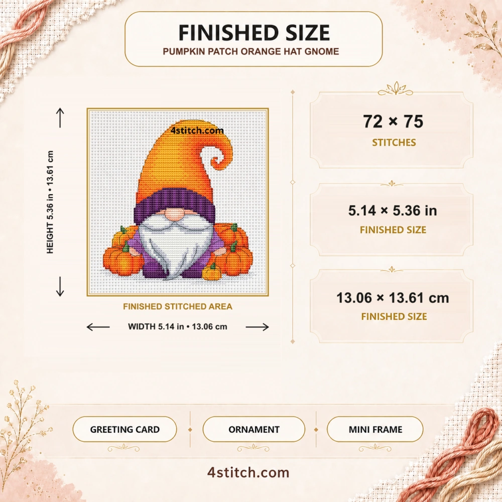 Finished size of Pumpkin Patch Orange Hat Gnome Cross Stitch Pattern: 72 × 75 stitches, 5.14 × 5.36 in (13.06 × 13.61 cm) on 14-count Aida.
