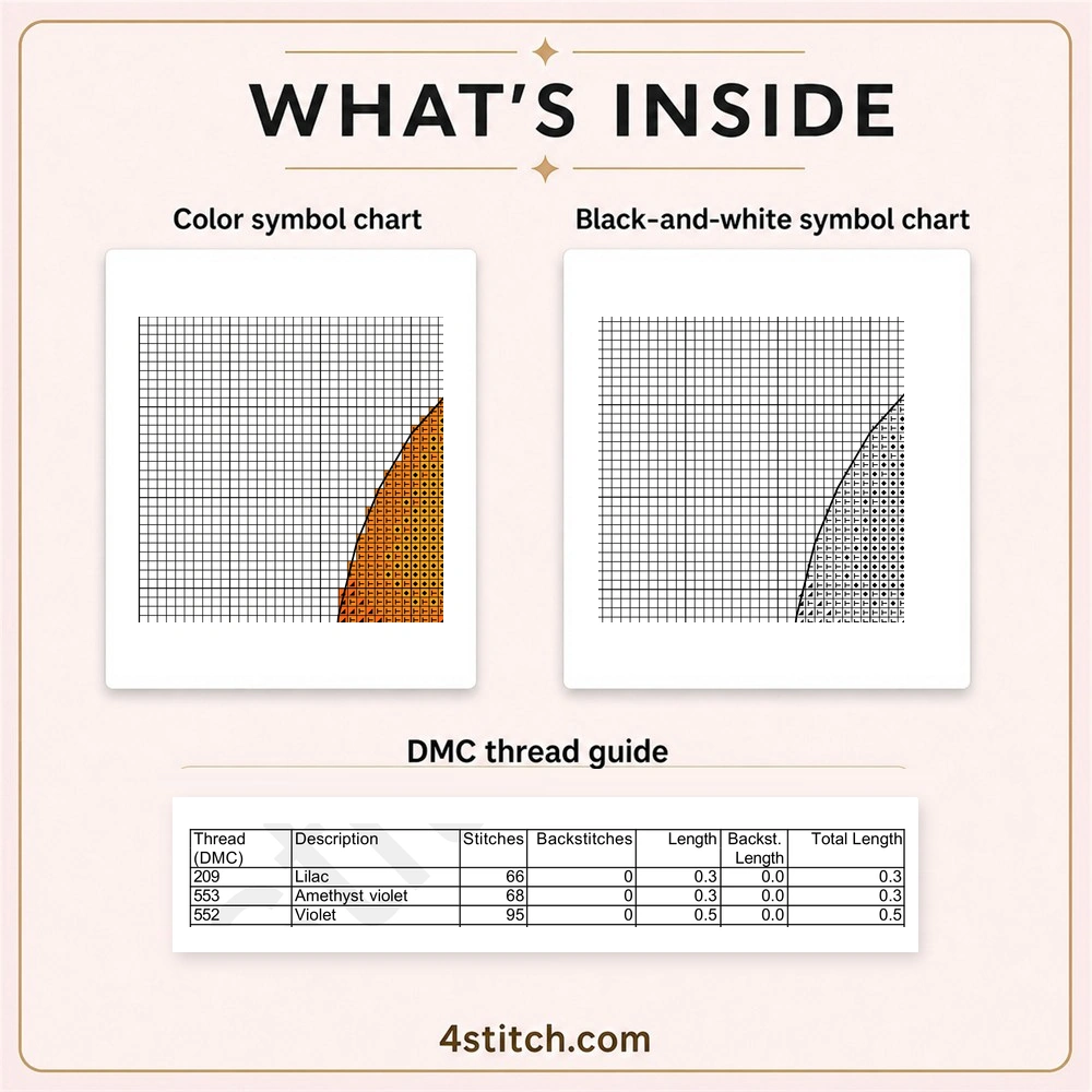 Partial color and black-and-white charts with the first three DMC thread rows for Pumpkin Patch Orange Hat Gnome Cross Stitch Pattern.