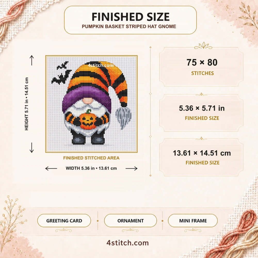 Finished size of Pumpkin Basket Striped Hat Gnome Cross Stitch Pattern: 75 × 80 stitches, 5.36 × 5.71 in (13.61 × 14.51 cm) on 14-count Aida.