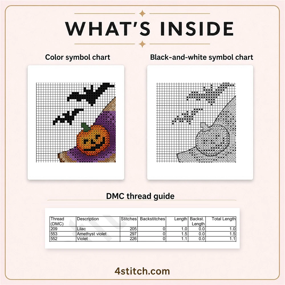 Partial color and black-and-white charts with the first three DMC thread rows for Scarecrow Pumpkin Hat Gnome Cross Stitch Pattern.