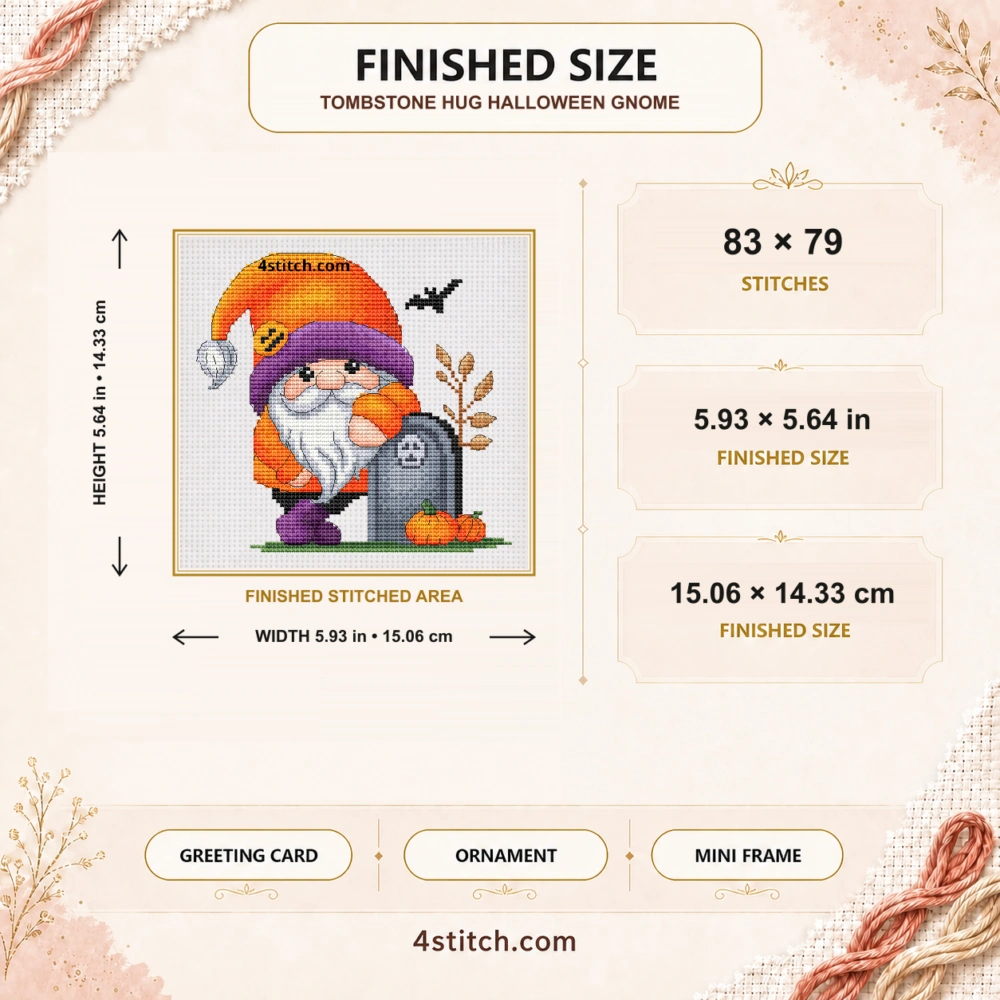 Finished size of Tombstone Hug Halloween Gnome Cross Stitch Pattern: 83 × 79 stitches, 5.93 × 5.64 in (15.06 × 14.33 cm) on 14-count Aida.