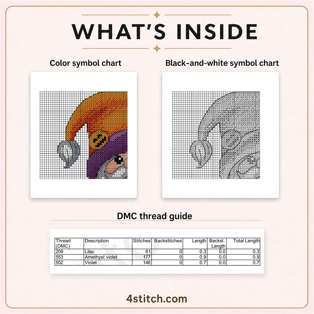 Partial color and black-and-white charts with the first three DMC thread rows for Tombstone Hug Halloween Gnome Cross Stitch Pattern.
