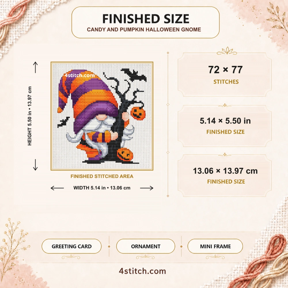 Finished size of Candy and Pumpkin Halloween Gnome Cross Stitch Pattern: 72 × 77 stitches, 5.14 × 5.50 in (13.06 × 13.97 cm) on 14-count Aida.