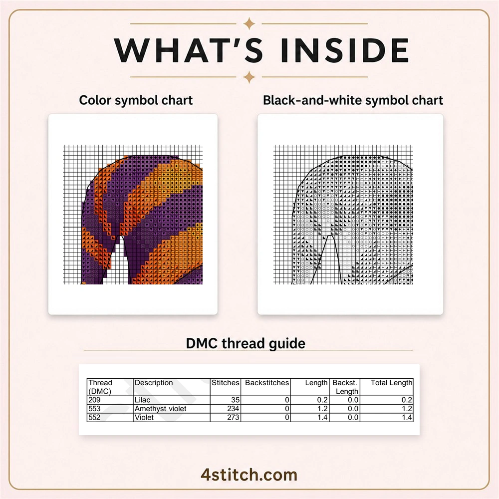 Partial color and black-and-white charts with the first three DMC thread rows for Candy and Pumpkin Halloween Gnome Cross Stitch Pattern.