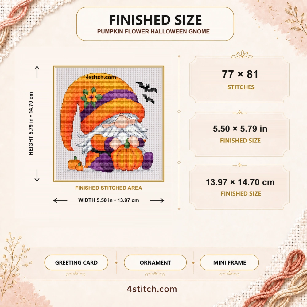 Finished size of Pumpkin Flower Halloween Gnome Cross Stitch Pattern: 77 × 81 stitches, 5.50 × 5.79 in (13.97 × 14.70 cm) on 14-count Aida.