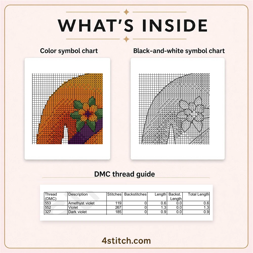 Partial color and black-and-white charts with the first three DMC thread rows for Pumpkin Flower Halloween Gnome Cross Stitch Pattern.