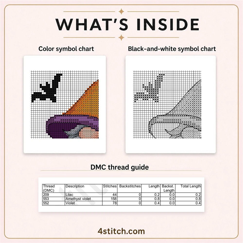 Partial color and black-and-white charts with the first three DMC thread rows for Flying Ghost Halloween Gnome Cross Stitch Pattern.