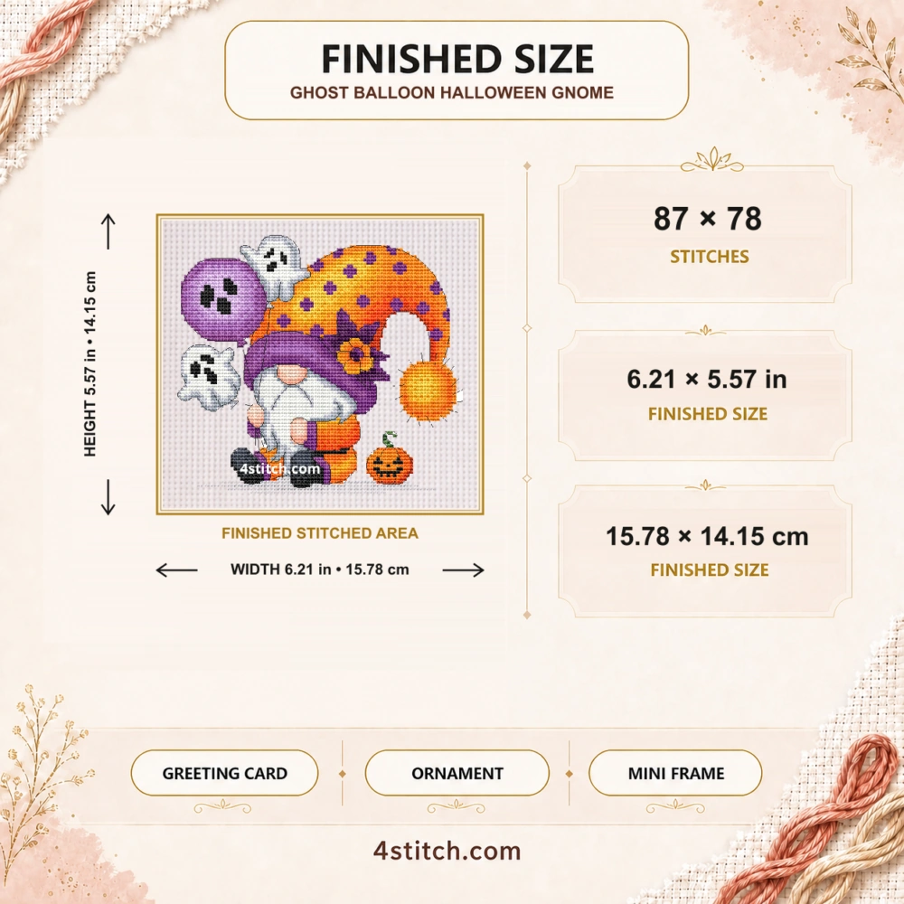 Finished size of Ghost Balloon Halloween Gnome Cross Stitch Pattern: 87 × 78 stitches, 6.21 × 5.57 in (15.78 × 14.15 cm) on 14-count Aida.
