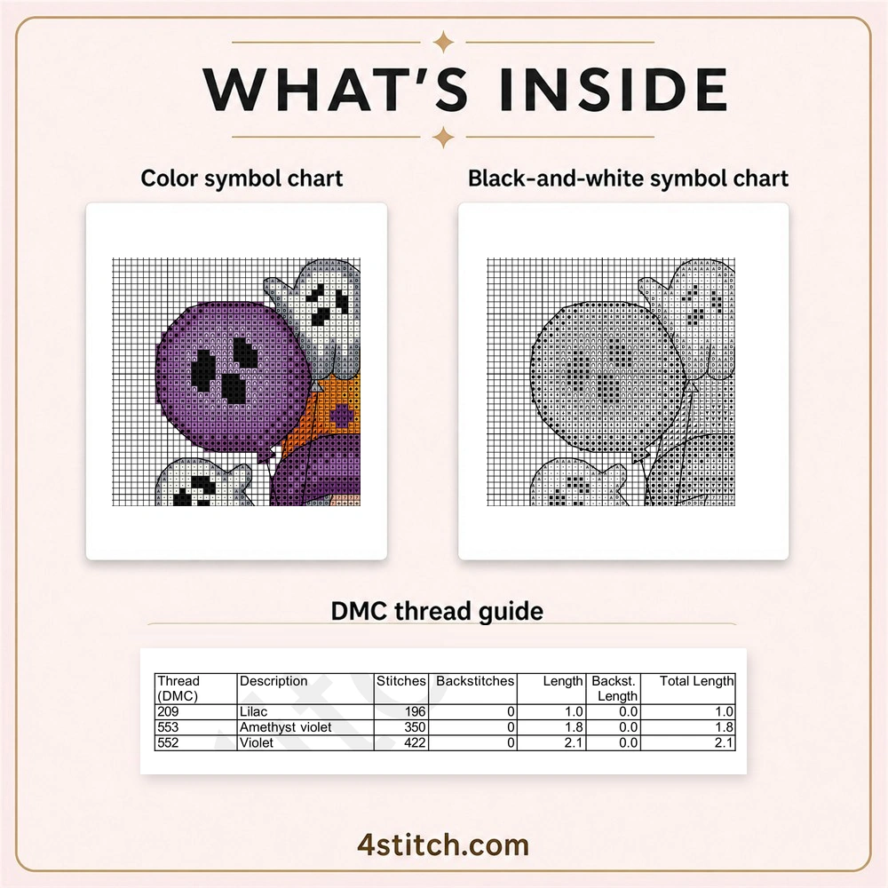 Partial color and black-and-white charts with the first three DMC thread rows for Ghost Balloon Halloween Gnome Cross Stitch Pattern.