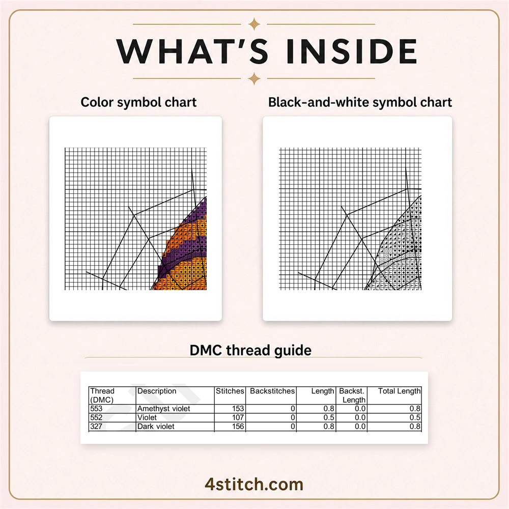 Partial color and black-and-white charts with the first three DMC thread rows for Spiderweb Hat Halloween Gnome Cross Stitch Pattern.