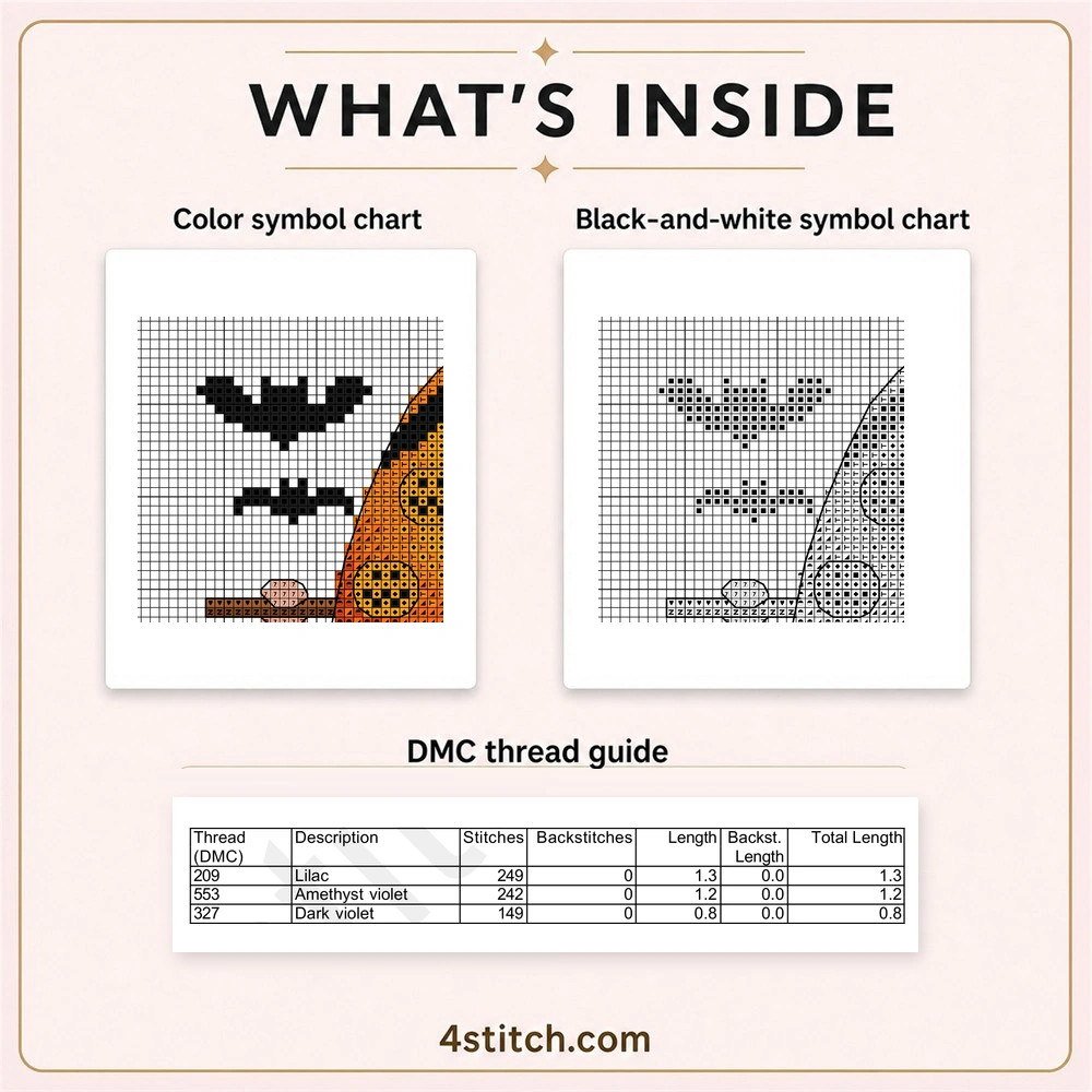 Partial color and black-and-white charts with the first three DMC thread rows for Bat-Wing Pumpkin Halloween Gnome Cross Stitch Pattern.
