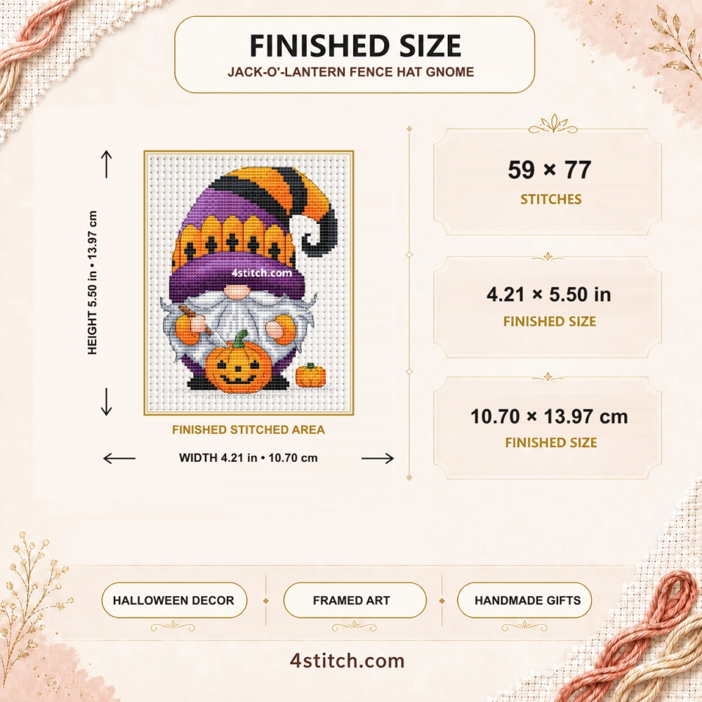 Finished size of Jack-o'-Lantern Fence Hat Gnome Cross Stitch Pattern: 59 × 77 stitches, 4.21 × 5.50 in (10.70 × 13.97 cm) on 14-count Aida.