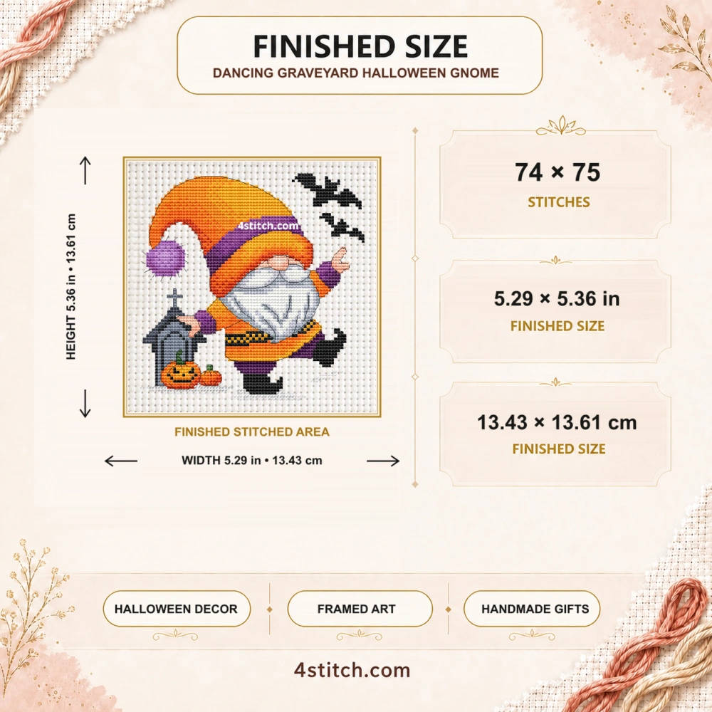 Finished size of Dancing Graveyard Halloween Gnome Cross Stitch Pattern: 74 × 75 stitches, 5.29 × 5.36 in (13.43 × 13.61 cm) on 14-count Aida.