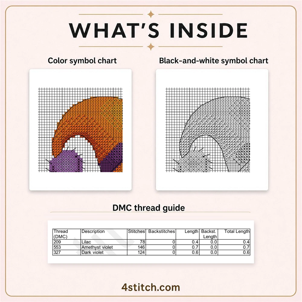 Partial color and black-and-white charts with the first three DMC thread rows for Dancing Graveyard Halloween Gnome Cross Stitch Pattern.