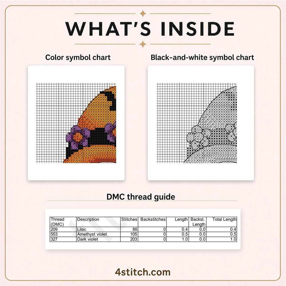 Partial color and black-and-white charts with the first three DMC thread rows for Pumpkin Flower Hat Gnome Cross Stitch Pattern.