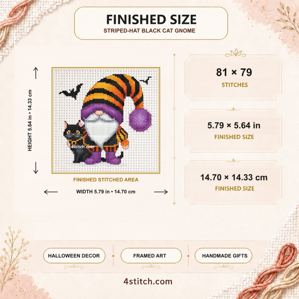 Finished size of Striped-Hat Black Cat Gnome Cross Stitch Pattern: 81 × 79 stitches, 5.79 × 5.64 in (14.70 × 14.33 cm) on 14-count Aida.