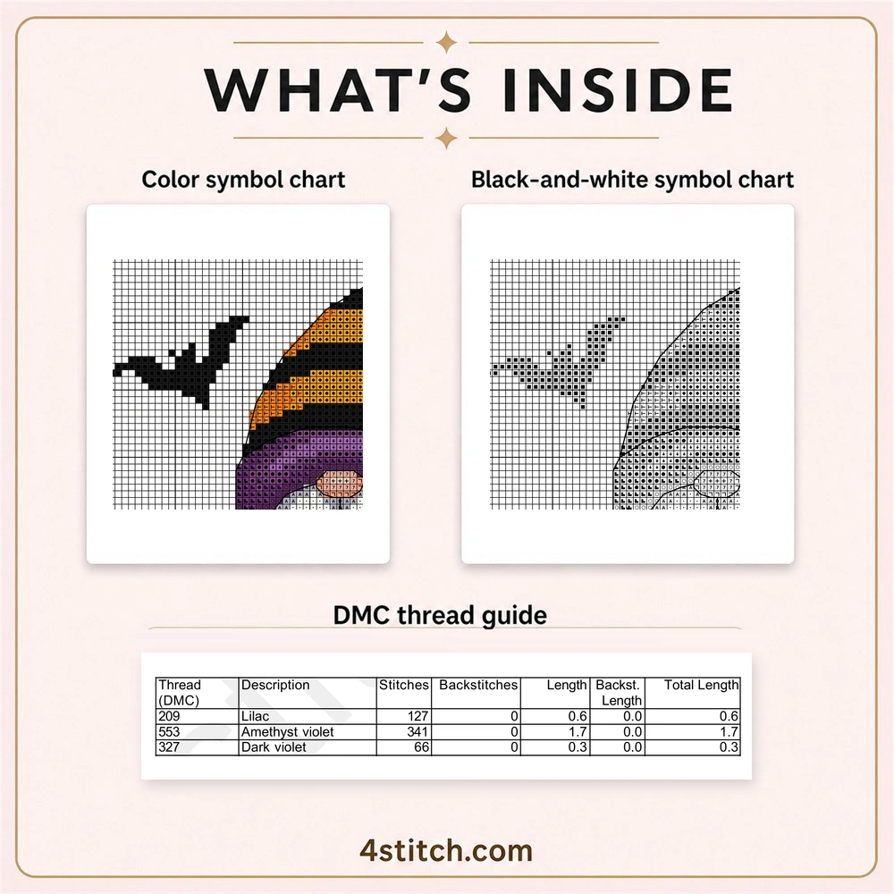 Partial color and black-and-white charts with the first three DMC thread rows for Striped-Hat Black Cat Gnome Cross Stitch Pattern.