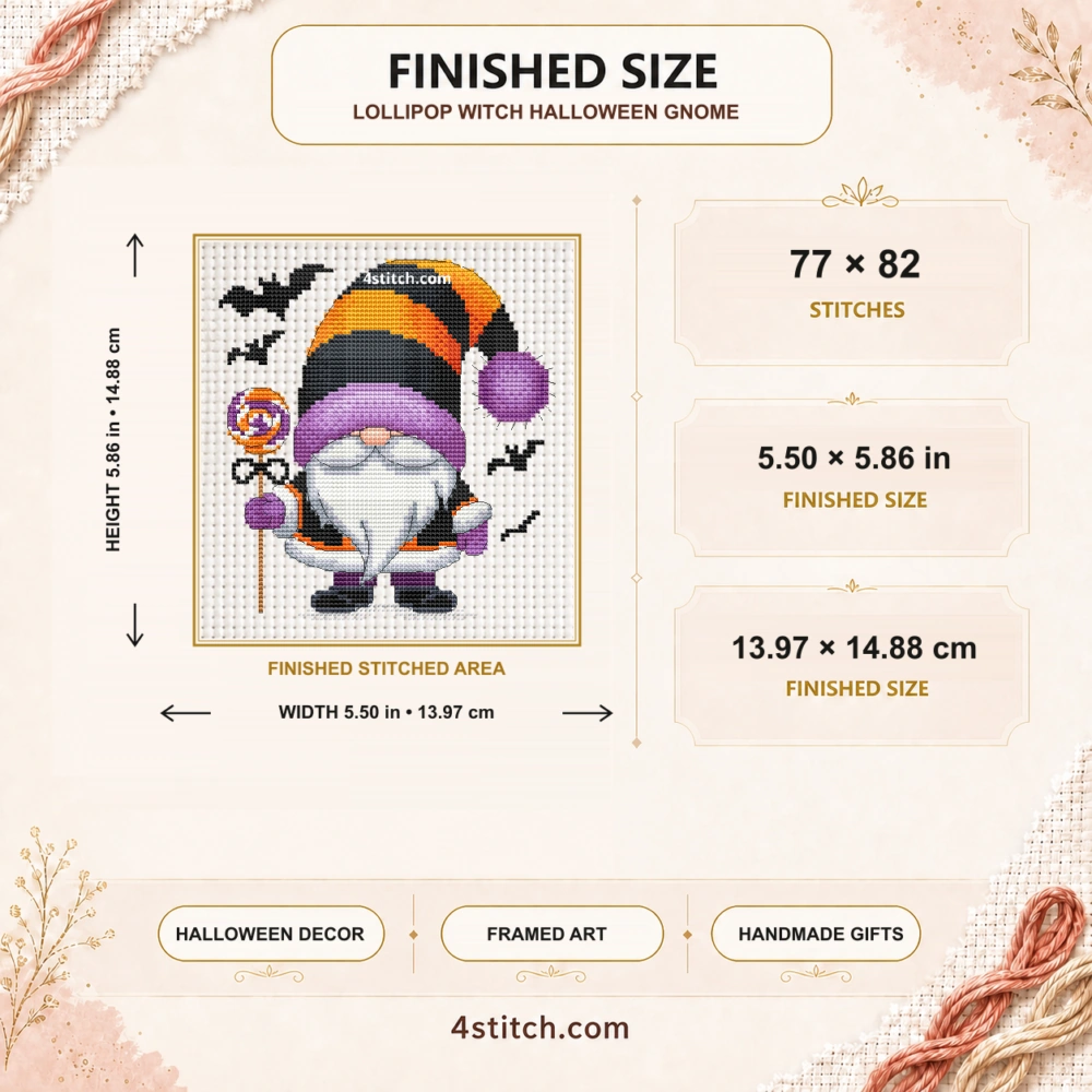 Finished size of Lollipop Witch Halloween Gnome Cross Stitch Pattern: 77 × 82 stitches, 5.50 × 5.86 in (13.97 × 14.88 cm) on 14-count Aida.