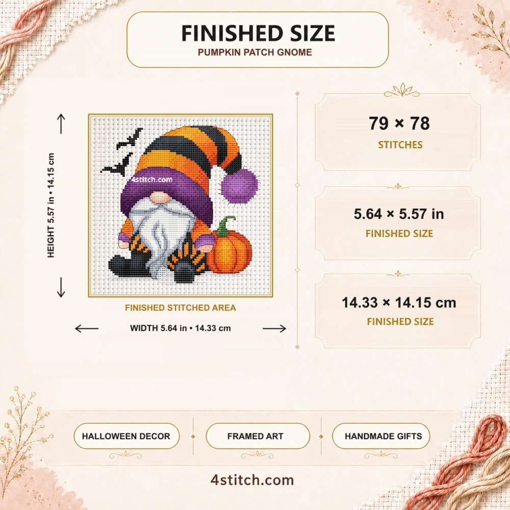 Finished size of Pumpkin Patch Gnome Cross Stitch Pattern: 79 × 78 stitches, 5.64 × 5.57 in (14.33 × 14.15 cm) on 14-count Aida.