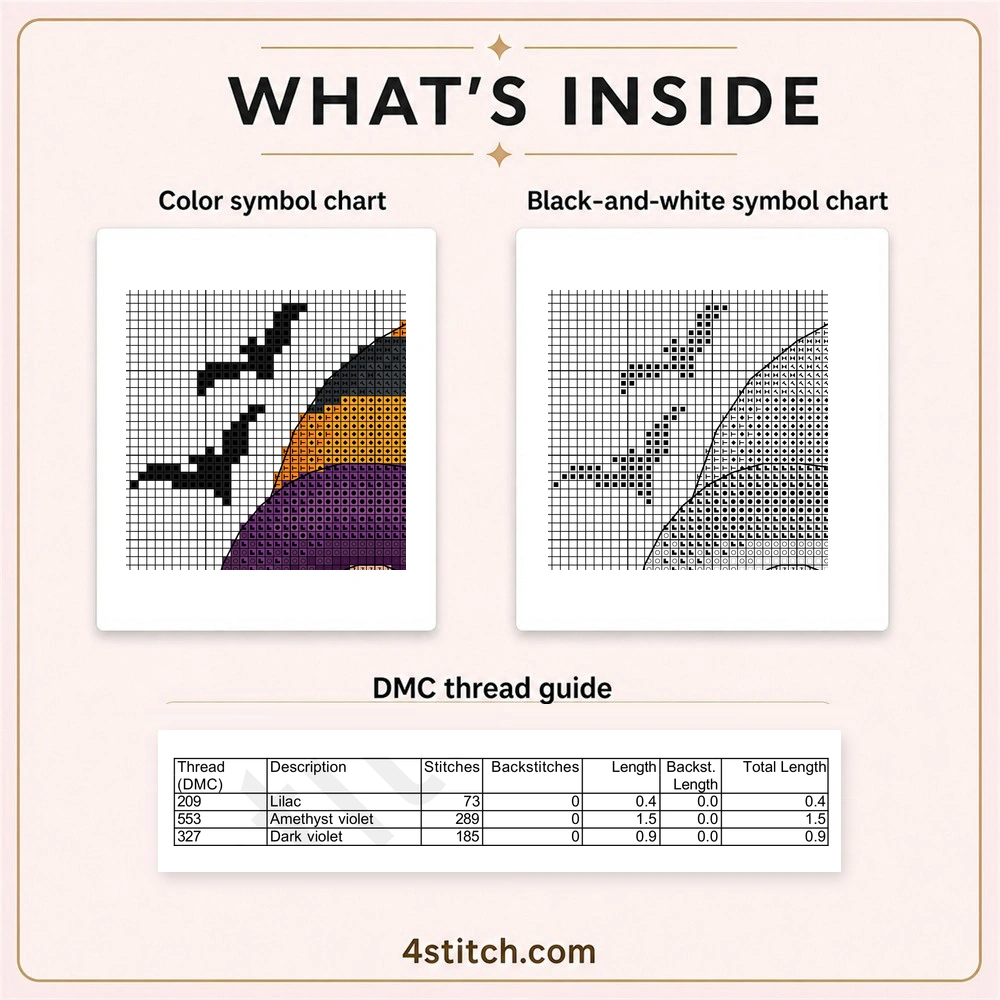 Partial color and black-and-white charts with the first three DMC thread rows for Pumpkin Patch Gnome Cross Stitch Pattern.