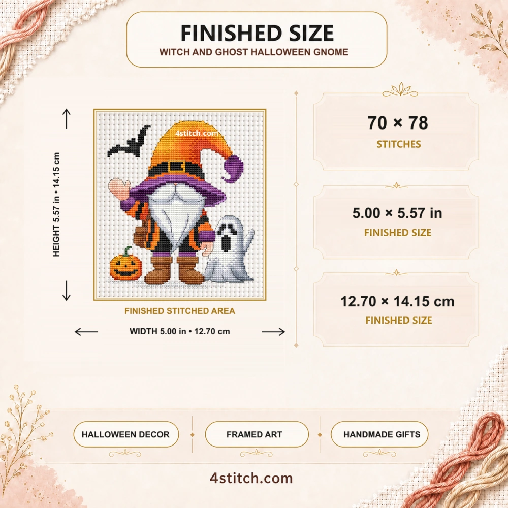 Finished size of Witch and Ghost Halloween Gnome Cross Stitch Pattern: 70 × 78 stitches, 5.00 × 5.57 in (12.70 × 14.15 cm) on 14-count Aida.