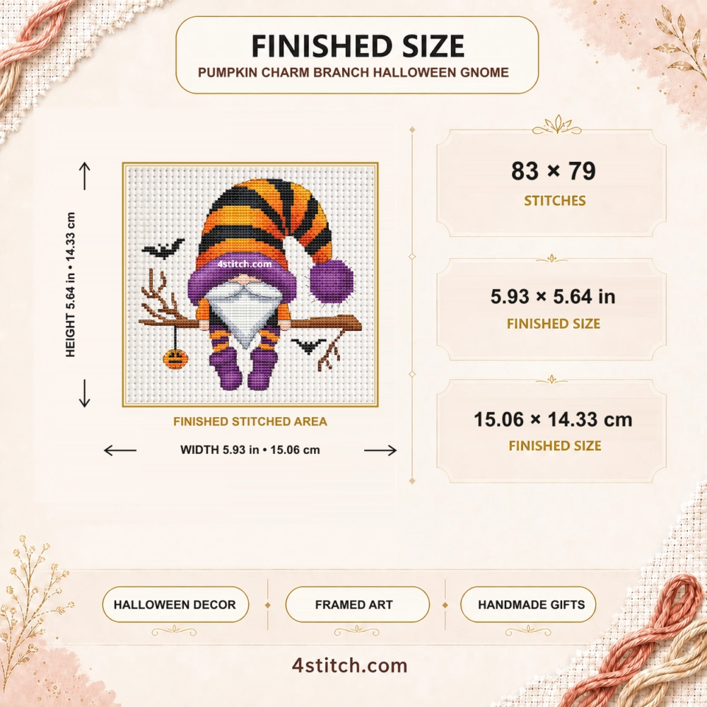 Finished size of Pumpkin Charm Branch Halloween Gnome Cross Stitch Pattern: 83 × 79 stitches, 5.93 × 5.64 in (15.06 × 14.33 cm) on 14-count Aida.