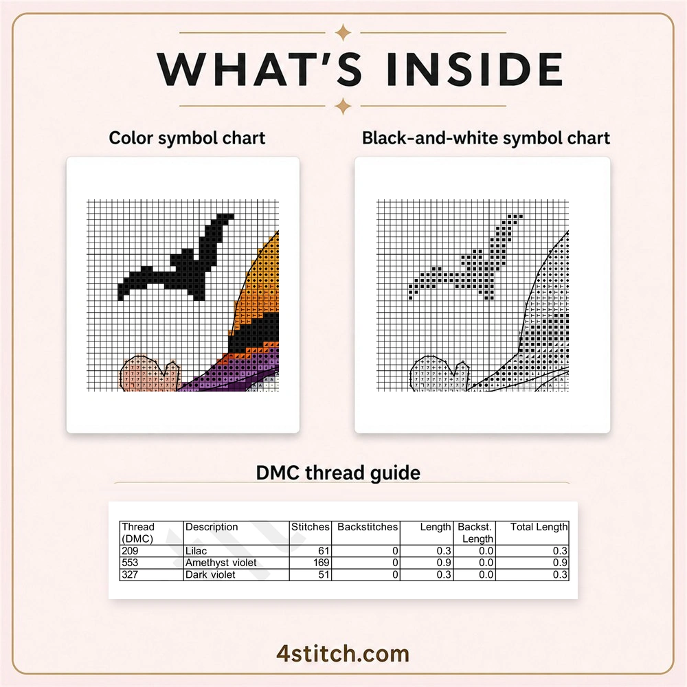 Partial color and black-and-white charts with the first three DMC thread rows for Witch and Ghost Halloween Gnome Cross Stitch Pattern.