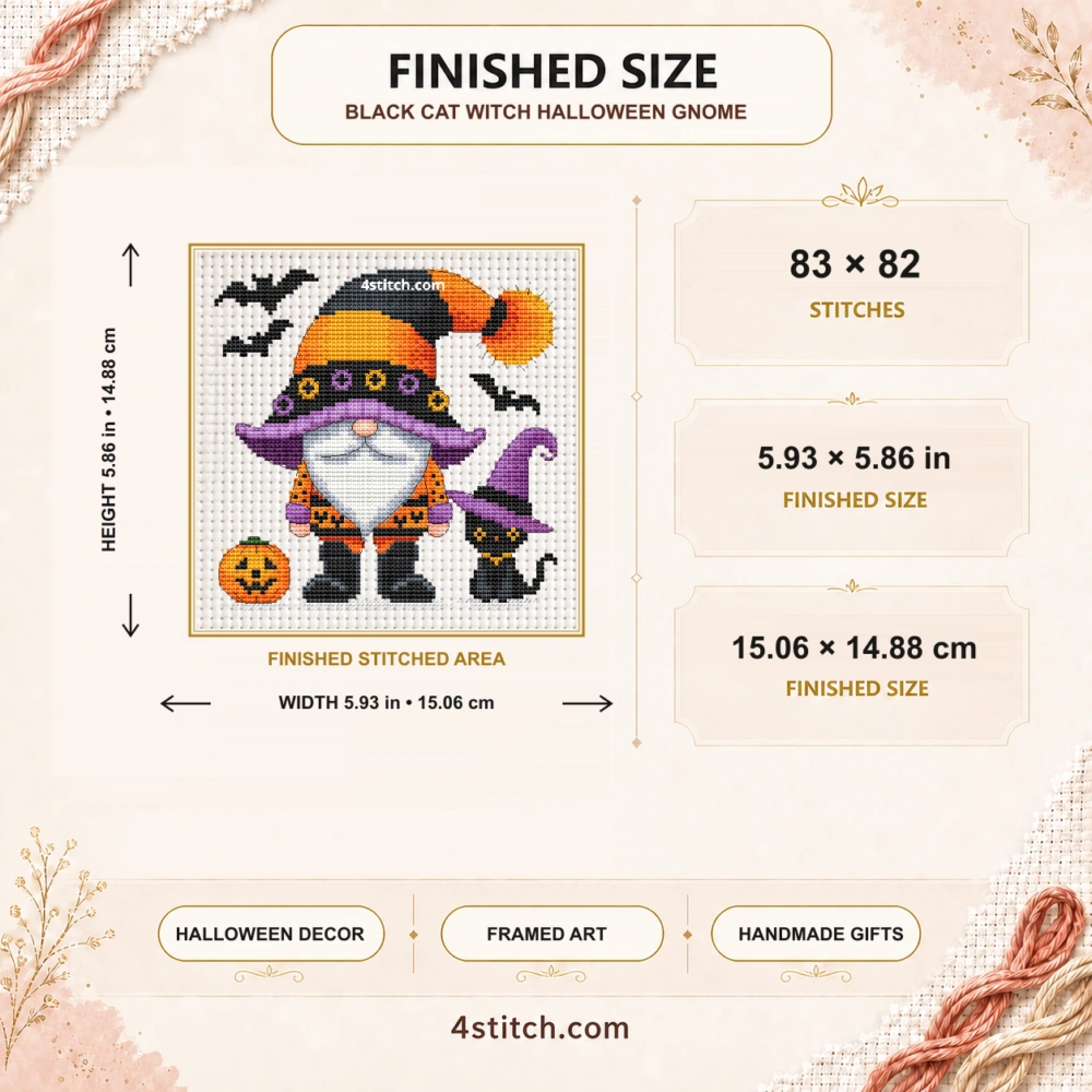 Finished size of Black Cat Witch Halloween Gnome Cross Stitch Pattern: 83 × 82 stitches, 5.93 × 5.86 in (15.06 × 14.88 cm) on 14-count Aida.