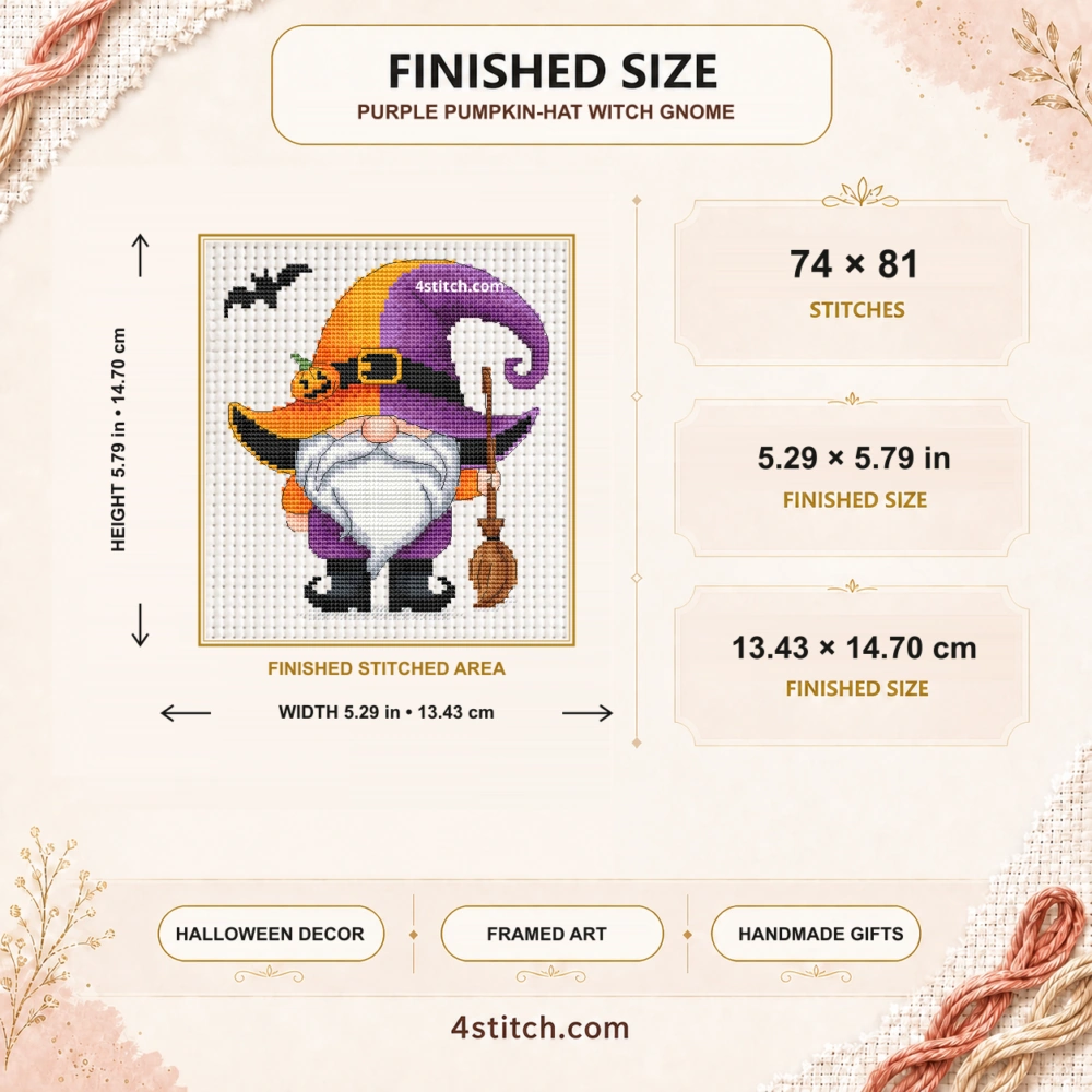 Finished size of Purple Pumpkin-Hat Witch Gnome Cross Stitch Pattern: 74 × 81 stitches, 5.29 × 5.79 in (13.43 × 14.70 cm) on 14-count Aida.