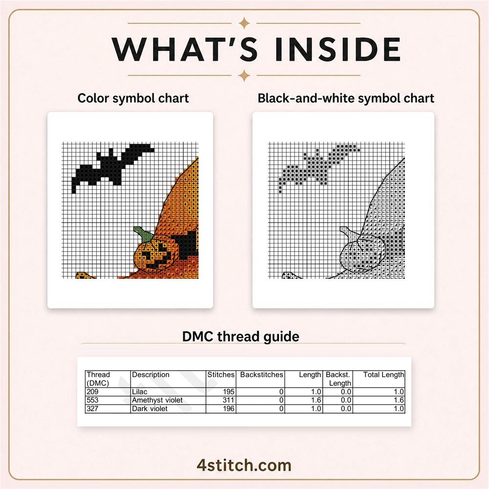 Partial color and black-and-white charts with the first three DMC thread rows for Purple Pumpkin-Hat Witch Gnome Cross Stitch Pattern.