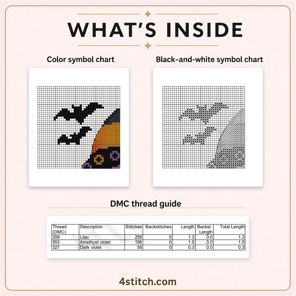 Partial color and black-and-white charts with the first three DMC thread rows for Black Cat Witch Halloween Gnome Cross Stitch Pattern.