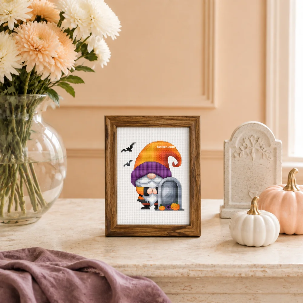Small framed Tombstone Halloween Gnome on white Aida in a bright themed interior, with the complete original motif and its 4stitch.com watermark.