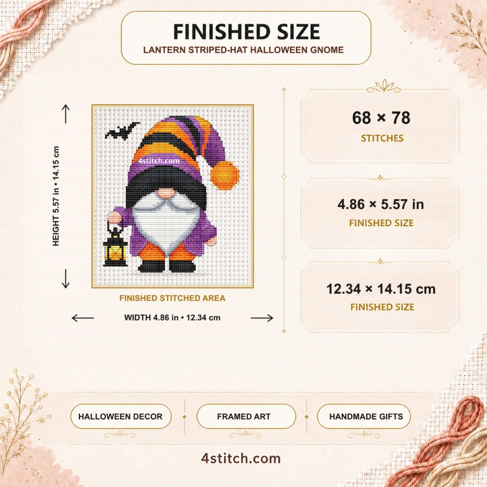 Finished size of Lantern Striped-Hat Halloween Gnome Cross Stitch Pattern: 68 × 78 stitches, 4.86 × 5.57 in (12.34 × 14.15 cm) on 14-count Aida.