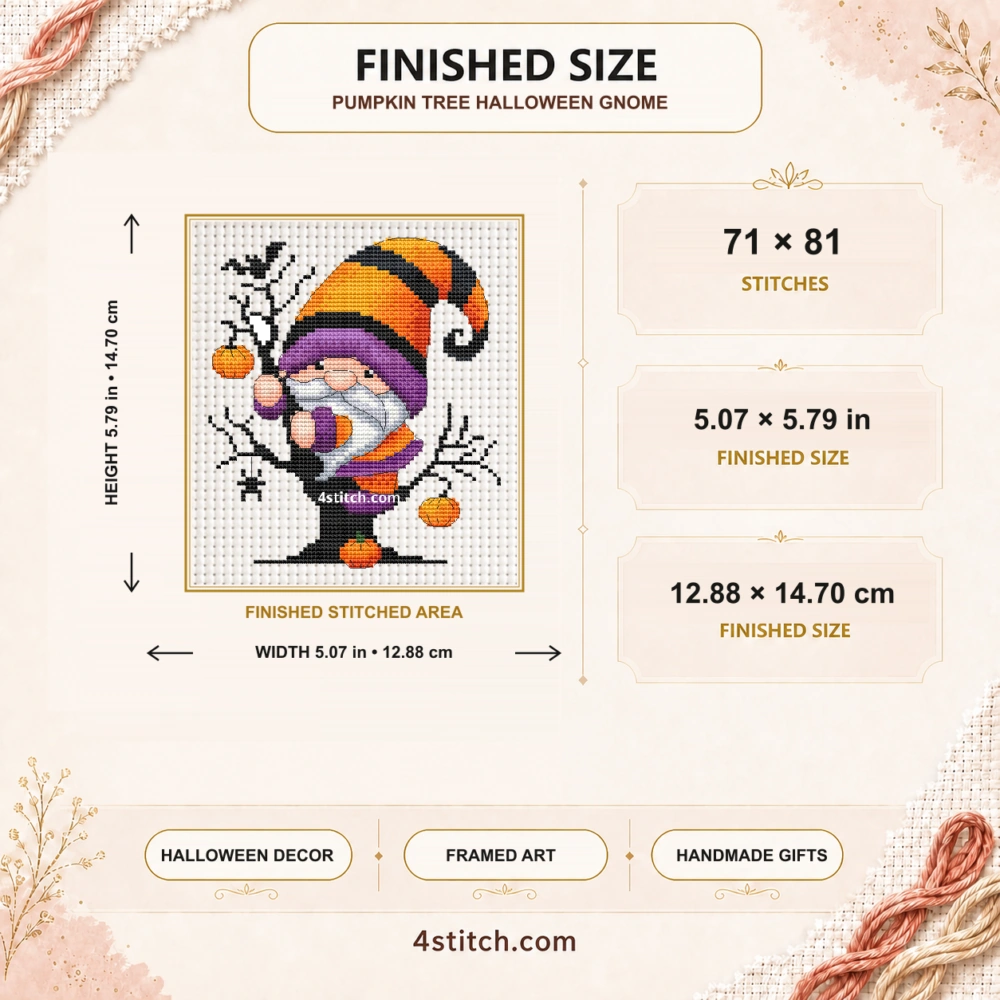 Finished size of Pumpkin Tree Halloween Gnome Cross Stitch Pattern: 71 × 81 stitches, 5.07 × 5.79 in (12.88 × 14.70 cm) on 14-count Aida.