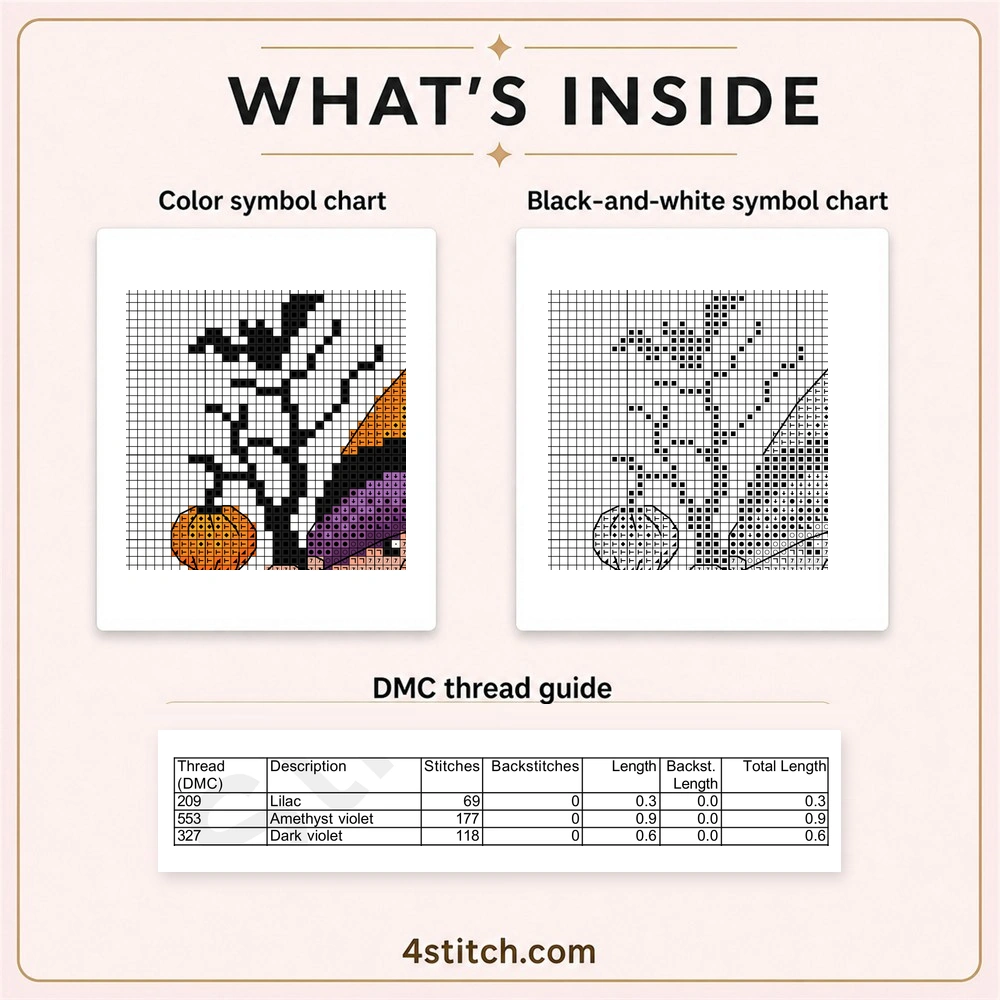 Partial color and black-and-white charts with the first three DMC thread rows for Pumpkin Tree Halloween Gnome Cross Stitch Pattern.