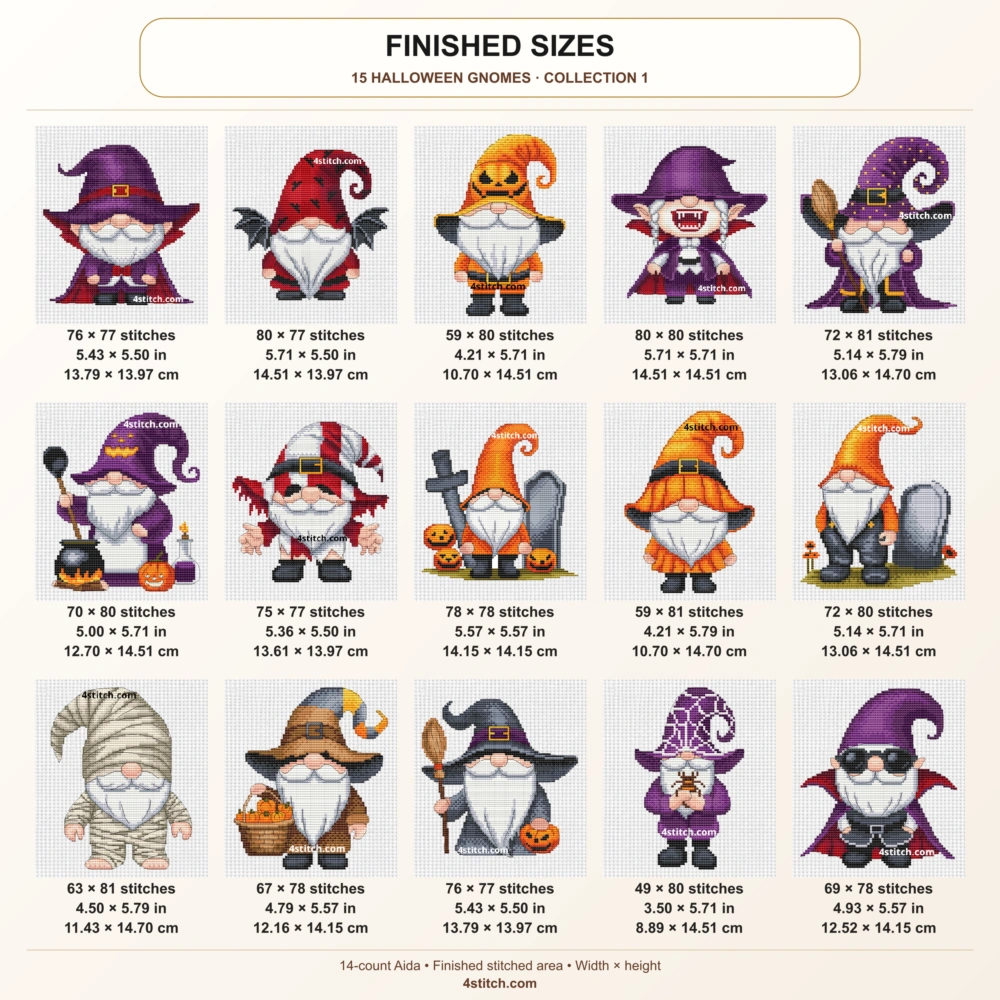 All 15 gnomes in this set, with individual width and height in stitches, inches and centimeters on 14-count Aida.