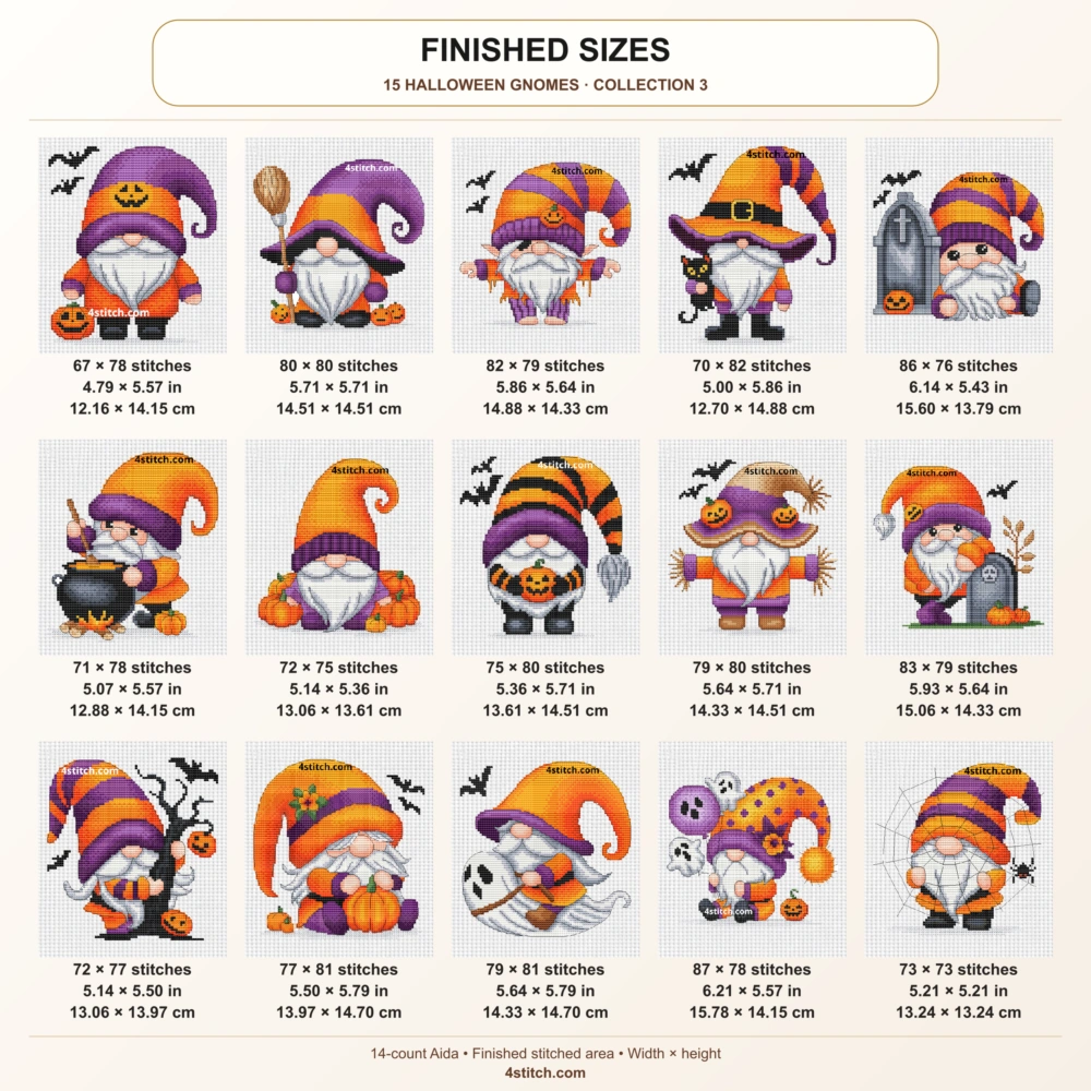 All 15 gnomes in this set, with individual width and height in stitches, inches and centimeters on 14-count Aida.