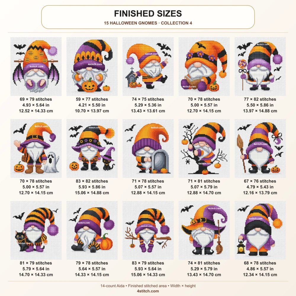 All 15 gnomes in this set, with individual width and height in stitches, inches and centimeters on 14-count Aida.
