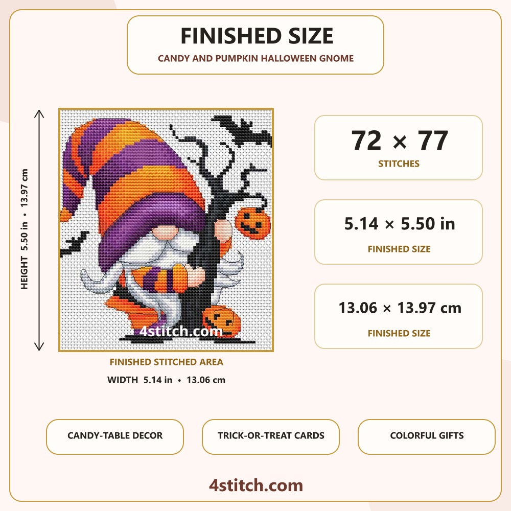 Candy and Pumpkin Halloween Gnome Cross Stitch finished size guide with 72 × 77 stitches