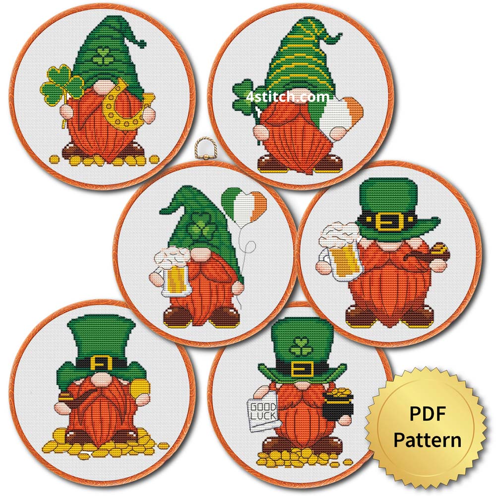 St. Patrick gnome cross stitch pattern - Festive and Irish-themed embroidery design