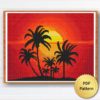 Beach Sunset Cross Stitch Pattern - Palm Trees, Waves, Sun