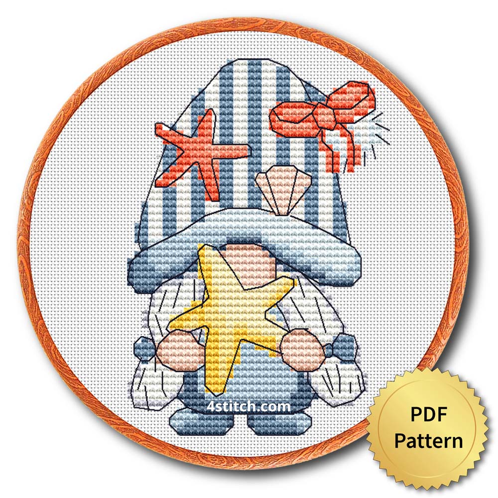 Summer beach sea gnome cross stitch pattern - Whimsical and beach-themed embroidery design