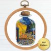 Sea Bottle with Cafe Terrace at Night by Van Gogh cross stitch pattern featuring a beautiful reproduction of the iconic painting