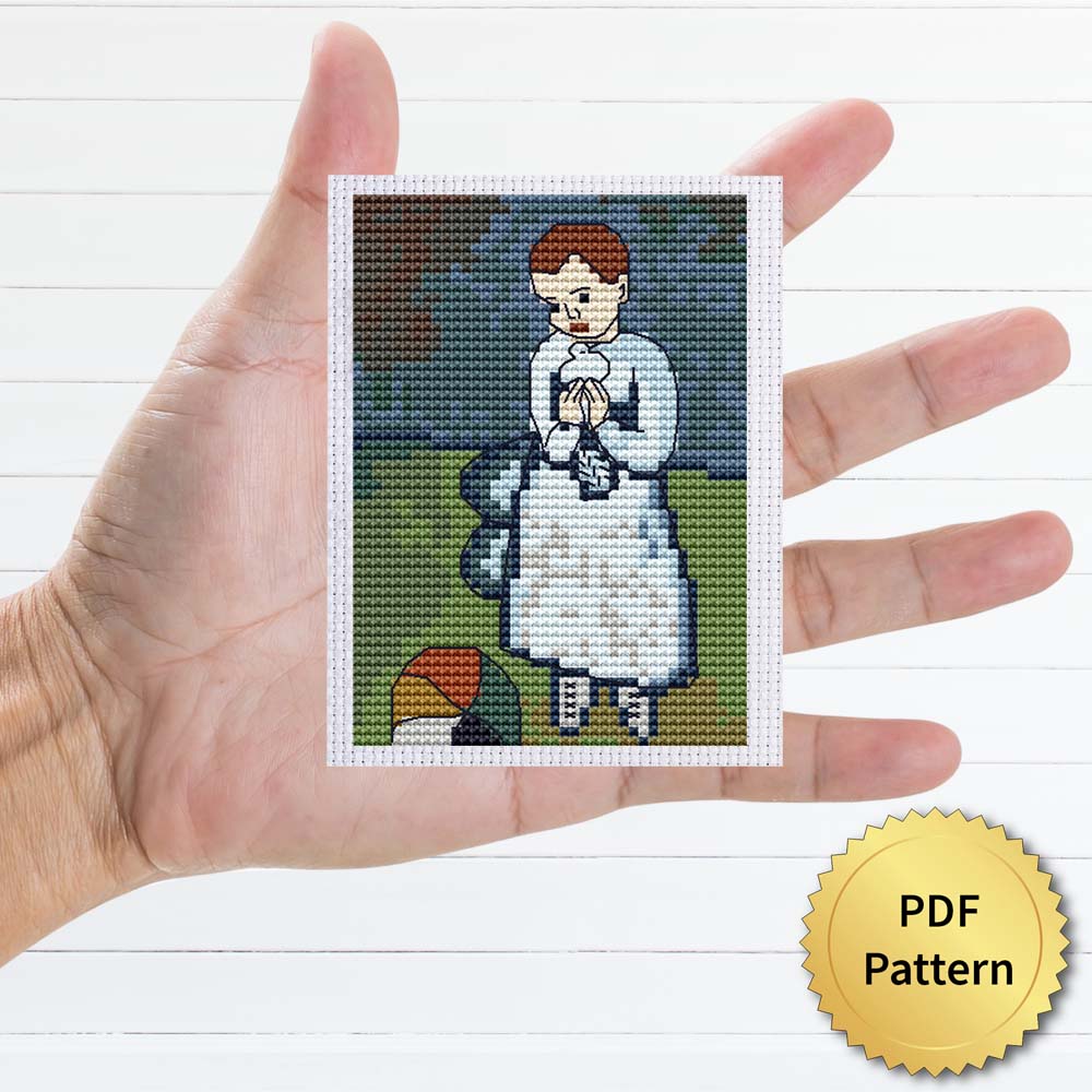 Child with dove by Pablo Picasso cross stitch pattern featuring a beautiful reproduction of the iconic painting